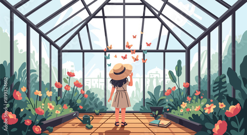 Girl wearing sun hat watching butterflies in greenhouse with flowers and glass roof, showing nature discovery, environmental learning, and peaceful zoo experience in flat vector style