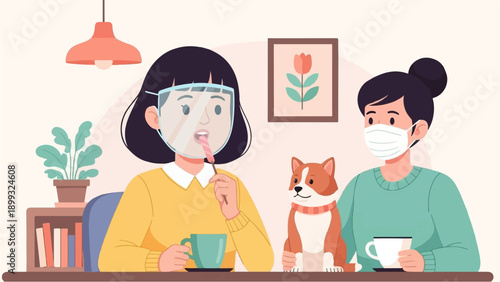 Two women and dog enjoying drinks indoors with protective face gear