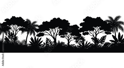 A striking black silhouette of a tropical jungle landscape with palm trees and lush foliage on transparent background high quality professional