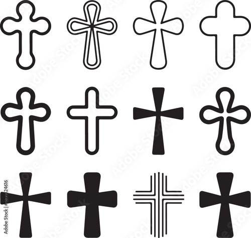 Big set of christian orthodoxy crosses in different styles and shapes isolated on white background. Cross as symbol of easter, faith, death and resurrection