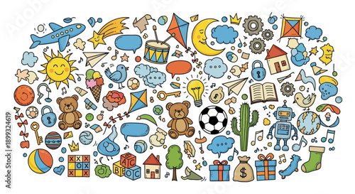 A vibrant and whimsical collection of hand-drawn illustrations featuring toys, nature elements, and abstract shapes, creating a playful and imaginative scene.