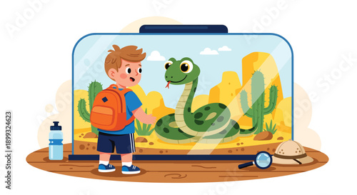 Boy peeking into snake terrarium with desert plants and rocks, showing curiosity, reptile education, and wildlife discovery during zoo visit in modern flat vector illustration