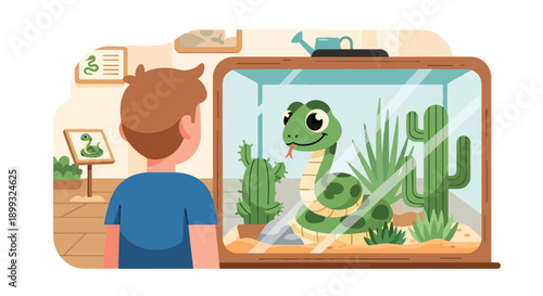 Boy peeking into snake terrarium with desert plants and rocks, showing curiosity, reptile education, and wildlife discovery during zoo visit in modern flat vector illustration