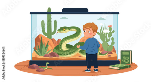 Boy peeking into snake terrarium with desert plants and rocks, showing curiosity, reptile education, and wildlife discovery during zoo visit in modern flat vector illustration