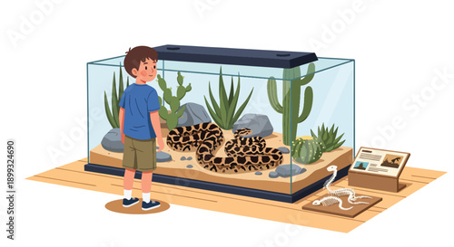 Boy peeking into snake terrarium with desert plants and rocks, showing curiosity, reptile education, and wildlife discovery during zoo visit in modern flat vector illustration