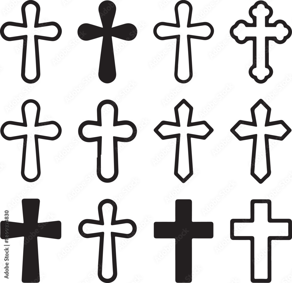 Obraz premium Big set of christian orthodoxy crosses in different styles and shapes isolated on white background. Cross as symbol of easter, faith, death and resurrection