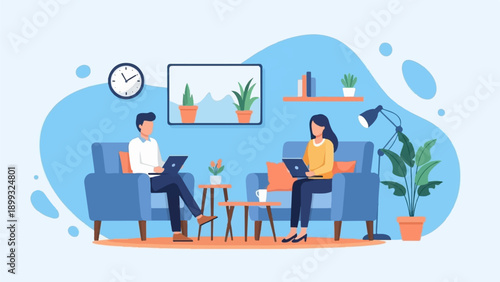 Two people working on laptops on couches in a room with plants