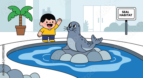 Child waving at seals resting on rocks beside ocean-style pool, showing marine animal interaction, curiosity, and joyful zoo learning experience in modern flat vector illustration