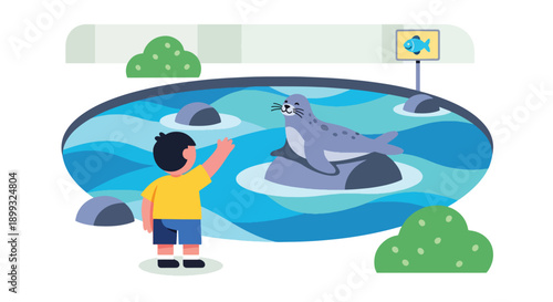 Child waving at seals resting on rocks beside ocean-style pool, showing marine animal interaction, curiosity, and joyful zoo learning experience in modern flat vector illustration