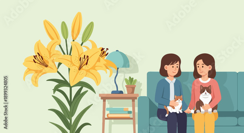 Two women and cats sit on sofa near yellow lilies and a table
