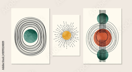 Abstract Mid-Century Modern Art Prints Featuring Geometric Shapes and Organic Forms in Earthy Tones.