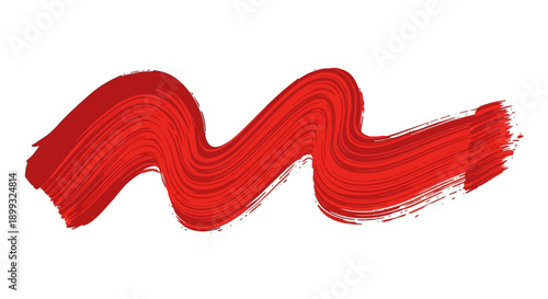 A vibrant red brush stroke with a wavy, textured appearance on a white background.