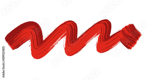 A vibrant red brush stroke painted with a thick, textured brush, creating a wavy, dynamic line across a white background.