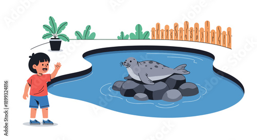 Child waving at seals resting on rocks beside ocean-style pool, showing marine animal interaction, curiosity, and joyful zoo learning experience in modern flat vector illustration