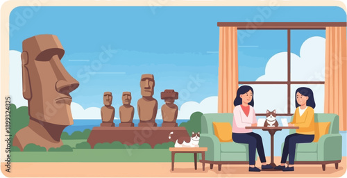 Two women and cats inside a room, with famous stone statues visible through window