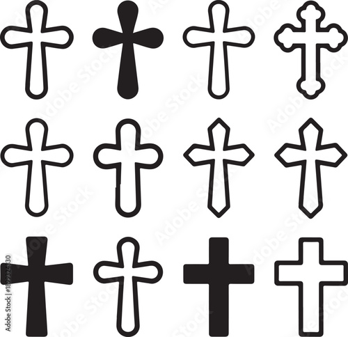 Big set of christian orthodoxy crosses in different styles and shapes isolated on white background. Cross as symbol of easter, faith, death and resurrection
