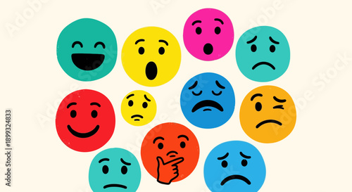 A collection of colorful circular emojis displaying a variety of emotions and expressions.