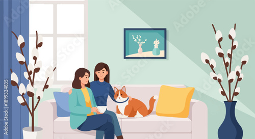 Two women and cat relaxing on sofa with plants