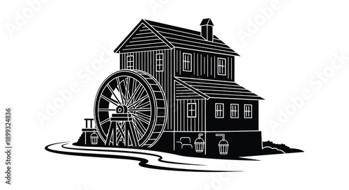 A detailed black and white illustration of a classic watermill with a large wheel presented on transparent background silhouette high quality