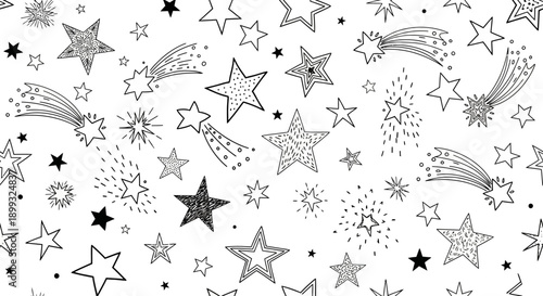 A whimsical doodle pattern of various hand-drawn stars and shooting stars on a white background.