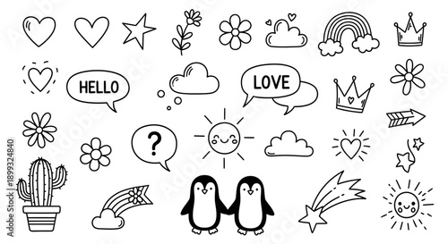 A collection of cute doodle illustrations featuring hearts, stars, clouds, flowers, penguins, and other whimsical elements.
