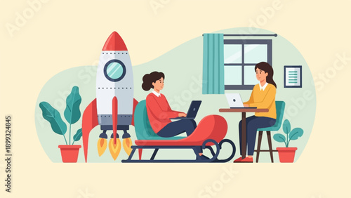 Two women in a stylized office setting with a rocket ship