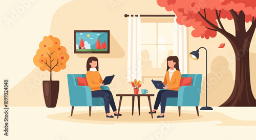 Two women relax in armchairs, reading books in a cozy autumnal indoor setting