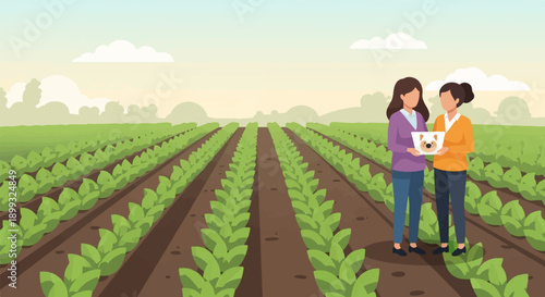 Two women in a vibrant green field holding a box with a dog's face