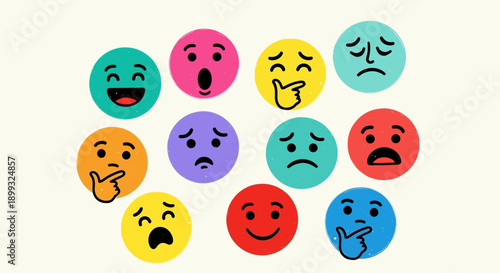 A collection of colorful circular emojis displaying a variety of emotions and facial expressions.