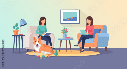 Two women relax in armchairs with a dog and plants in a cozy living room