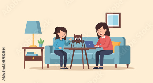Two women and a spider-cat sit on a couch with a laptop