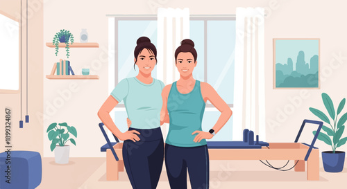 Two women in activewear stand in a light-filled studio with exercise equipment (1)