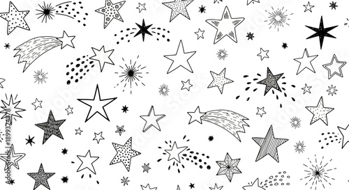 A whimsical collection of hand-drawn stars and shooting stars scattered across a white background.