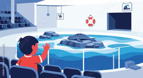 Child waving at seals resting on rocks beside ocean-style pool, showing marine animal interaction, curiosity, and joyful zoo learning experience in modern flat vector illustration