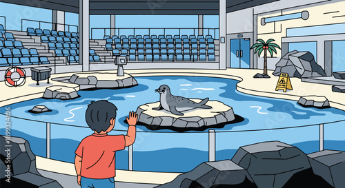 Child waving at seals resting on rocks beside ocean-style pool, showing marine animal interaction, curiosity, and joyful zoo learning experience in modern flat vector illustration