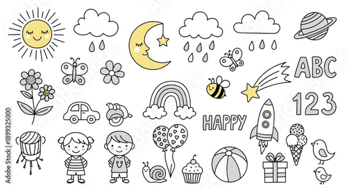 A collection of cute hand-drawn doodle illustrations featuring various elements like the sun, moon, clouds, stars, animals, children, toys, and weather symbols.
