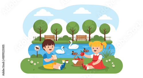 Kids enjoying picnic near lake with swans and ducks under trees, showing relaxing family moment, nature appreciation, and balanced zoo visit in modern flat vector illustration
