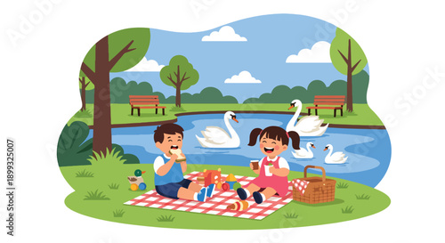 Kids enjoying picnic near lake with swans and ducks under trees, showing relaxing family moment, nature appreciation, and balanced zoo visit in modern flat vector illustration