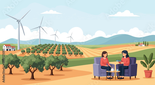 Two women relax in chairs on a farm with wind turbines and olive trees