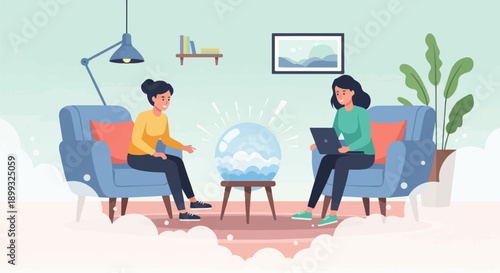 Two women in armchairs interact around a glowing orb