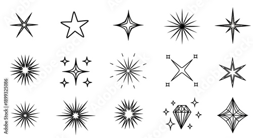 A collection of various starburst and sparkle graphic elements, including stars, diamonds, and abstract light bursts.