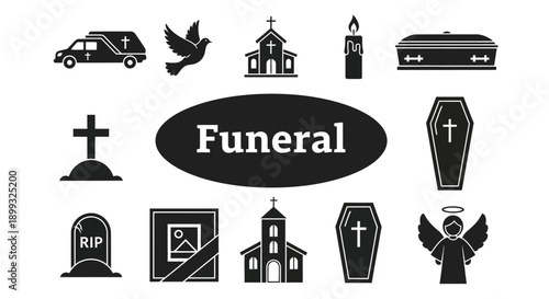 Funeral vector icons set including coffin, church, and grave symbols