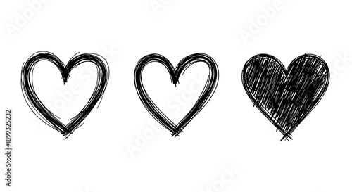 Three hand-drawn black heart shapes on a white background, representing love and affection.