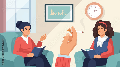 Two women in armchairs, one holding a lit cigarette and book