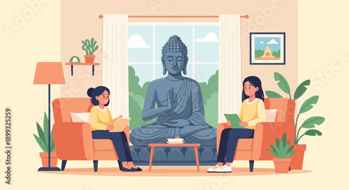 Two women in armchairs read books near a large Buddha statue