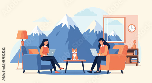 Two women and a dog work on laptops in a cozy room with mountain views