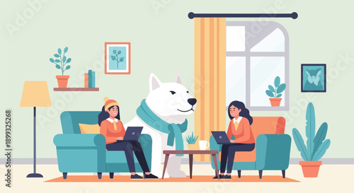 Two women and a dog work on laptops in a cozy, plant-filled living room