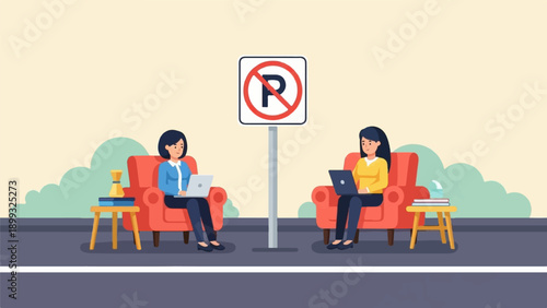 Two women in armchairs work on laptops near a no parking sign