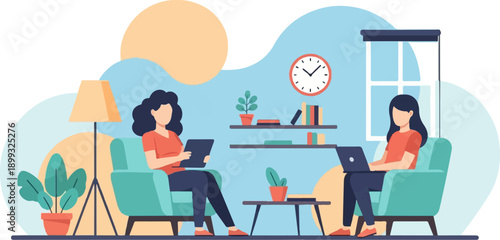 Two women relax in cozy chairs, one with a tablet, the other on a laptop