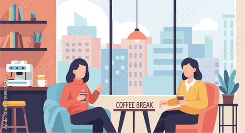 Two women relax in cozy chairs, enjoying coffee by a window with city skyline view